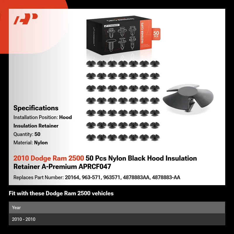 2010 Dodge Ram 2500 50 Pcs Nylon Black Hood Insulation Retainer A-Premium APRCF047