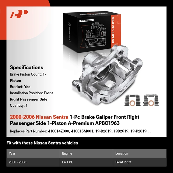 2000-2006 Nissan Sentra 1-Pc Brake Caliper Front Right Passenger Side 1-Piston A-Premium APBC1963