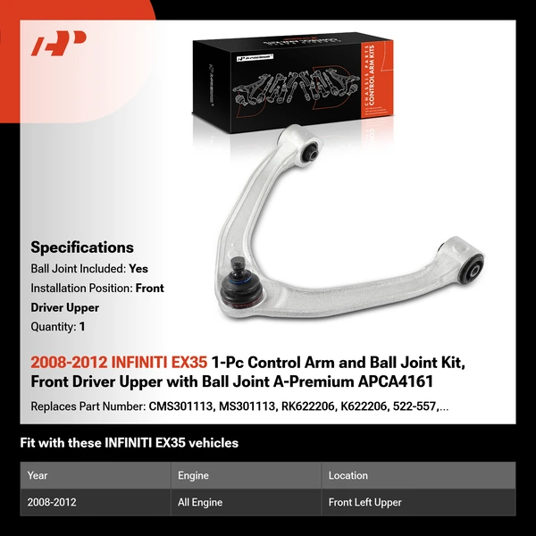 2008-2012 INFINITI EX35 1-Pc Control Arm and Ball Joint Kit, Front Driver Upper with Ball Joint A-Premium APCA4161