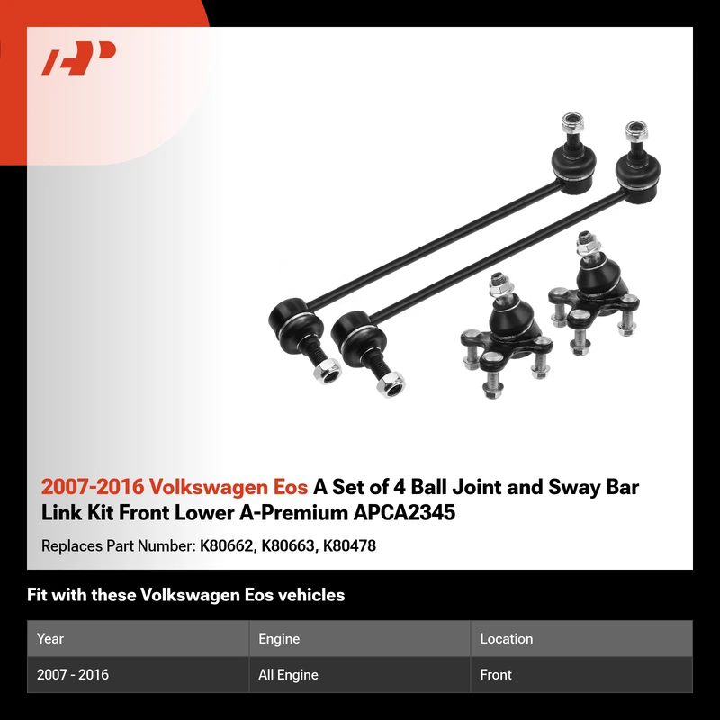 2007-2016 Volkswagen Eos A Set of 4 Ball Joint and Sway Bar Link Kit Front Lower A-Premium APCA2345