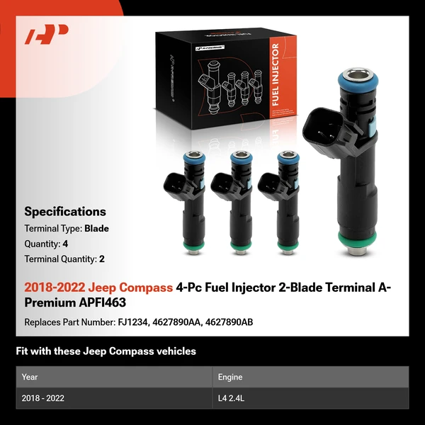 2018-2022 Jeep Compass 4-Pc Fuel Injector 2-Blade Terminal A-Premium APFI463