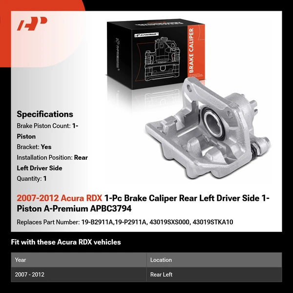 2007-2012 Acura RDX 1-Pc Brake Caliper Rear Left Driver Side 1-Piston A-Premium APBC3794