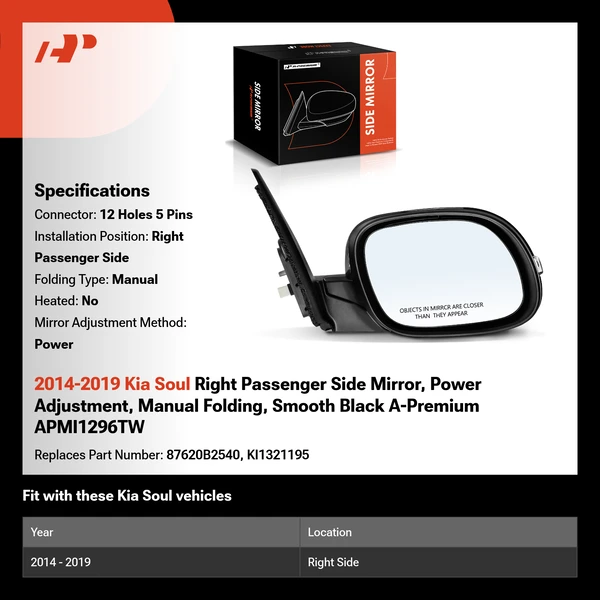 2014-2019 Kia Soul Right Passenger Side Mirror, Power Adjustment, Manual Folding, Smooth Black A-Premium APMI1296TW