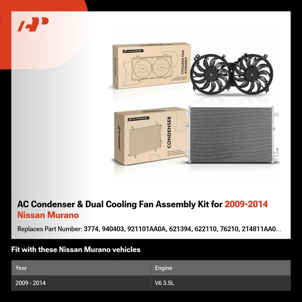 AC Condenser & Dual Cooling Fan Assembly Kit for 2009-2014 Nissan Murano