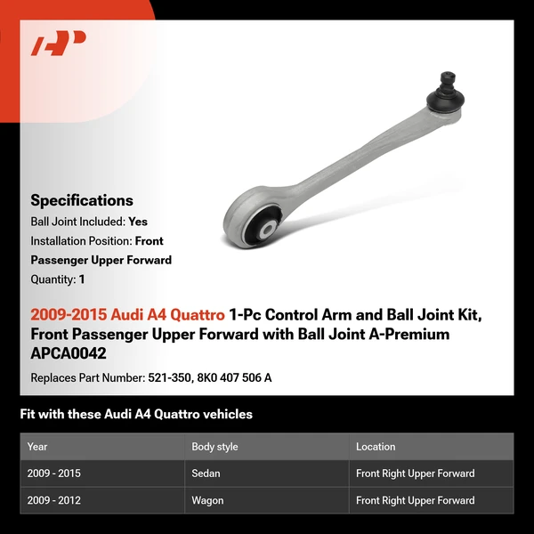2009-2015 Audi A4 Quattro 1-Pc Control Arm and Ball Joint Kit, Front Passenger Upper Forward with Ball Joint A-Premium APCA0042