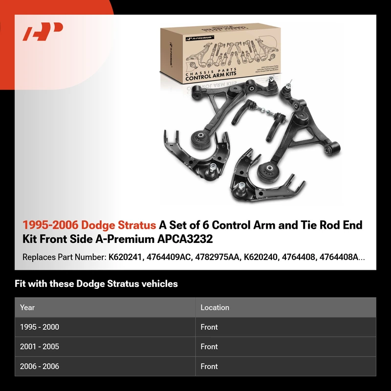 1995-2006 Dodge Stratus A Set of 6 Control Arm and Tie Rod End Kit Front Side A-Premium APCA3232