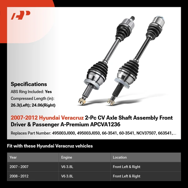 2007-2012 Hyundai Veracruz 2-Pc CV Axle Shaft Assembly Front Driver & Passenger A-Premium APCVA1236
