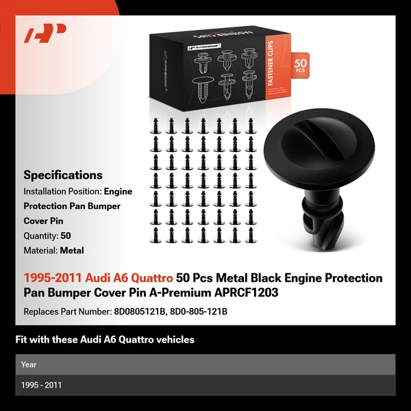1995-2011 Audi A6 Quattro 50 Pcs Metal Black Engine Protection Pan Bumper Cover Pin A-Premium APRCF1203
