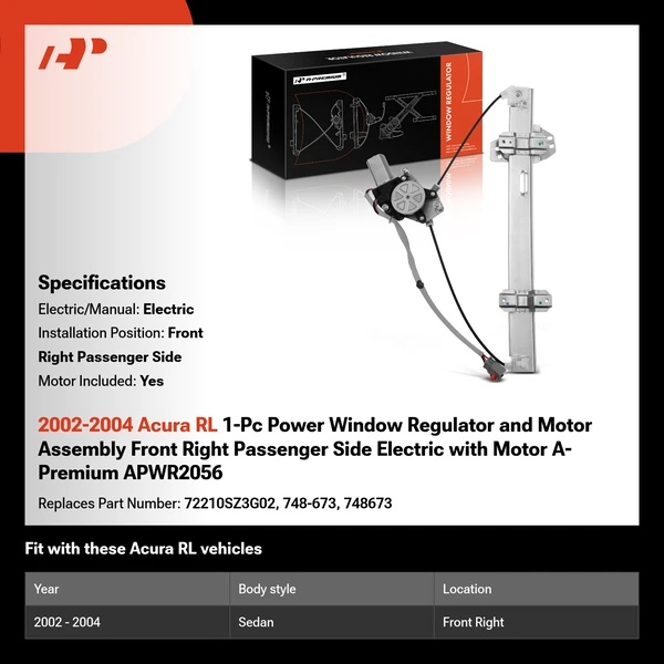 2002-2004 Acura RL 1-Pc Power Window Regulator and Motor Assembly Front Right Passenger Side Electric with Motor A-Premium APWR2056