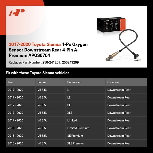 2017-2020 Toyota Sienna 1-Pc Oxygen Sensor Downstream Rear 4-Pin A-Premium APOS0764