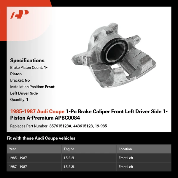 1985-1987 Audi Coupe 1-Pc Brake Caliper Front Left Driver Side 1-Piston A-Premium APBC0084