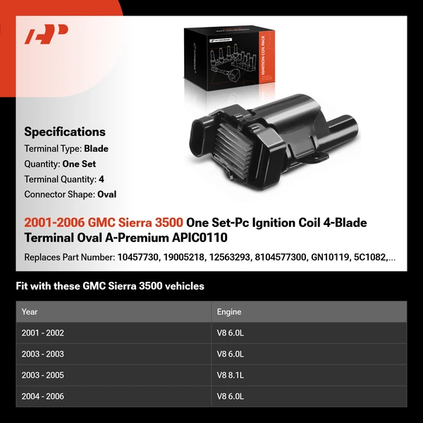 2001-2006 GMC Sierra 3500 One Set-Pc Ignition Coil 4-Blade Terminal Oval A-Premium APIC0110