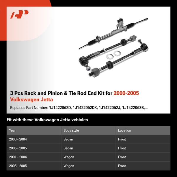 3 Pcs Rack and Pinion & Tie Rod End Kit for 2000-2005 Volkswagen Jetta