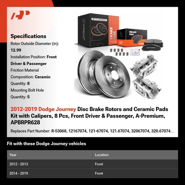 2012-2019 Dodge Journey Disc Brake Rotors and Ceramic Pads Kit with Calipers, 8 Pcs, Front Driver & Passenger, A-Premium, APBRPR628