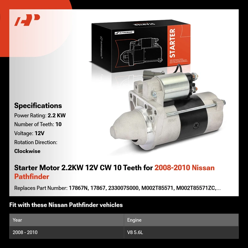 Starter Motor 2.2KW 12V CW 10 Teeth for 2008-2010 Nissan Pathfinder