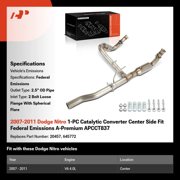 2007-2011 Dodge Nitro 1-PC Catalytic Converter Center Side Fit Federal Emissions A-Premium APCCT837