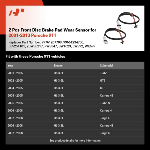 2 Pcs Front Disc Brake Pad Wear Sensor for 2001-2013 Porsche 911
