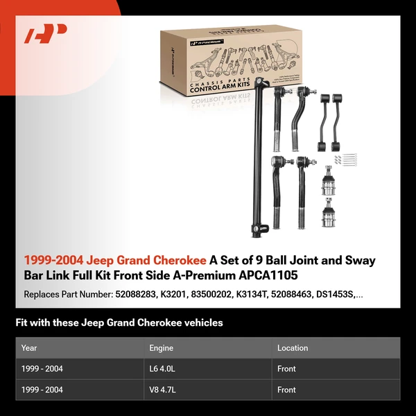 1999-2004 Jeep Grand Cherokee A Set of 9 Ball Joint and Sway Bar Link Full Kit Front Side A-Premium APCA1105