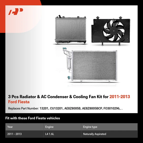 3 Pcs Radiator & AC Condenser & Cooling Fan Kit for 2011-2013 Ford Fiesta