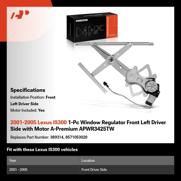 2001-2005 Lexus IS300 1-Pc Window Regulator Front Left Driver Side with Motor A-Premium APWR3425TW