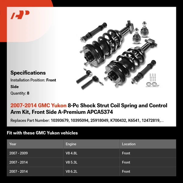 2007-2014 GMC Yukon 8-Pc Shock Strut Coil Spring and Control Arm Kit, Front Side A-Premium APCA5374