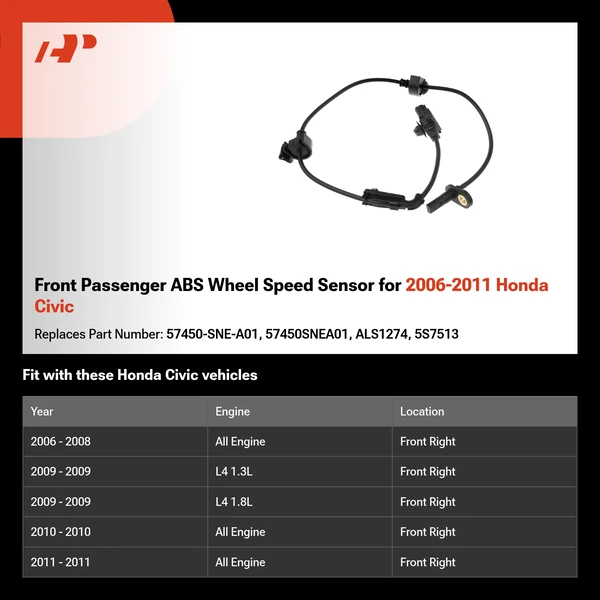 Front Passenger ABS Wheel Speed Sensor for 2006-2011 Honda Civic