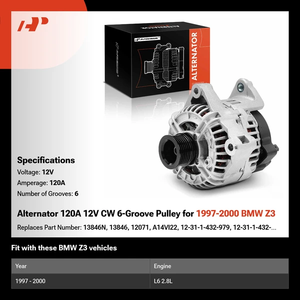 Alternator 120A 12V CW 6-Groove Pulley for 1997-2000 BMW Z3