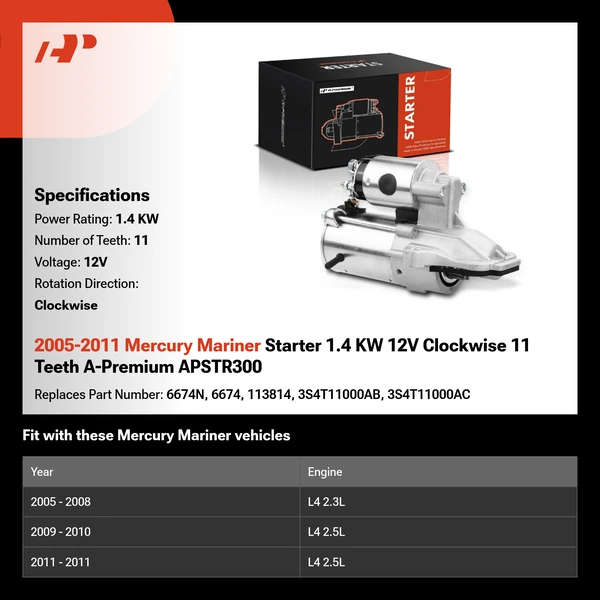 2005-2011 Mercury Mariner Starter 1.4 KW 12V Clockwise 11 Teeth A-Premium APSTR300