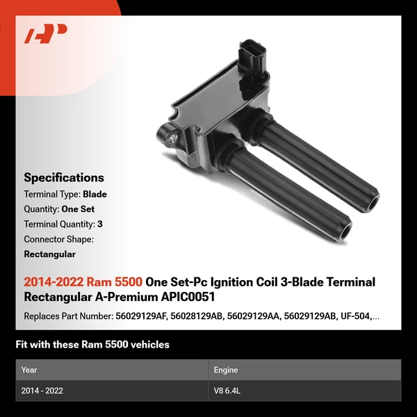 2014-2022 Ram 5500 One Set-Pc Ignition Coil 3-Blade Terminal Rectangular A-Premium APIC0051