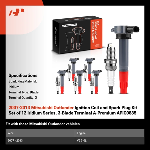 2007-2013 Mitsubishi Outlander Ignition Coil and Spark Plug Kit Set of 12 Iridium Series, 3-Blade Terminal A-Premium APIC0835