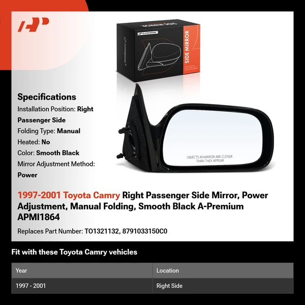 1997-2001 Toyota Camry Right Passenger Side Mirror, Power Adjustment, Manual Folding, Smooth Black A-Premium APMI1864