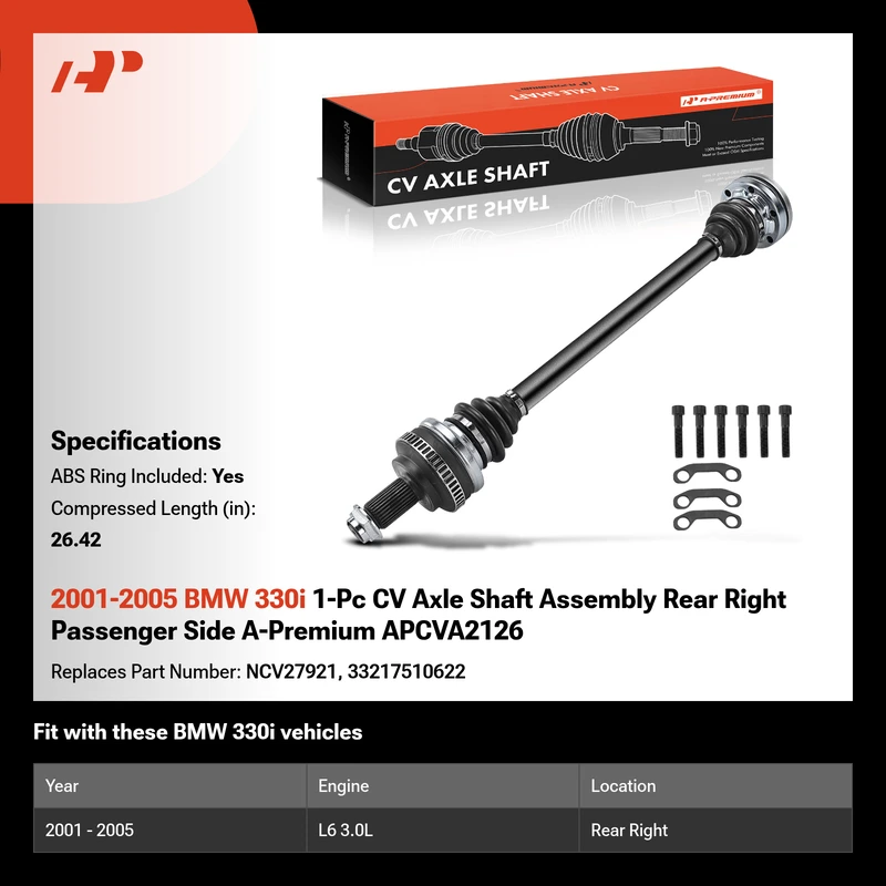 2001-2005 BMW 330i 1-Pc CV Axle Shaft Assembly Rear Right Passenger Side A-Premium APCVA2126