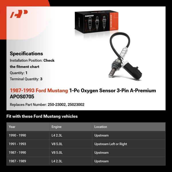 1987-1993 Ford Mustang 1-Pc Oxygen Sensor 3-Pin A-Premium APOS0705