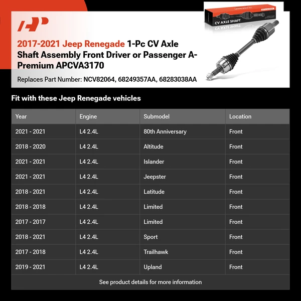 2017-2021 Jeep Renegade 1-Pc CV Axle Shaft Assembly Front Driver or Passenger A-Premium APCVA3170