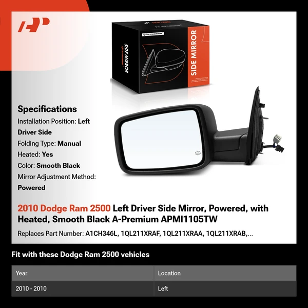 2010 Dodge Ram 2500 Left Driver Side Mirror, Powered, with Heated, Smooth Black A-Premium APMI1105TW