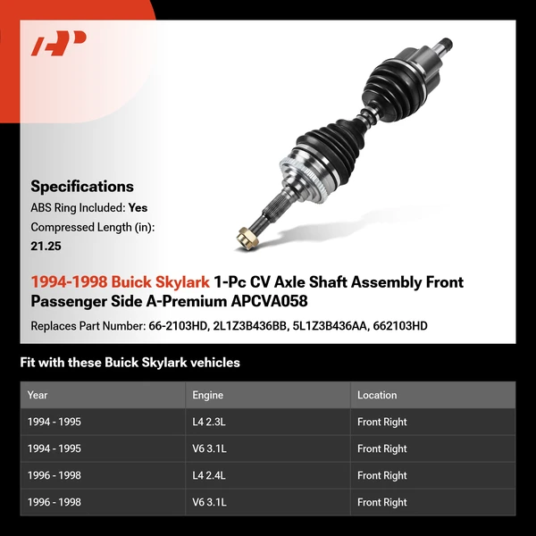 1994-1998 Buick Skylark 1-Pc CV Axle Shaft Assembly Front Passenger Side A-Premium APCVA058