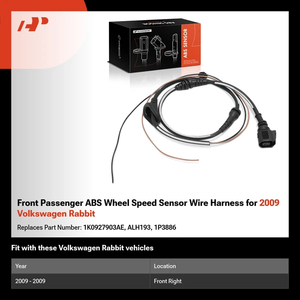 Front Passenger ABS Wheel Speed Sensor Wire Harness for 2009 Volkswagen Rabbit