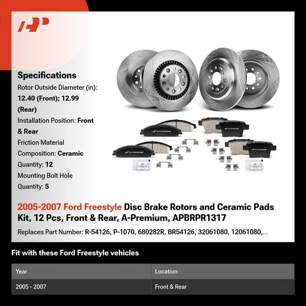 2005-2007 Ford Freestyle Disc Brake Rotors and Ceramic Pads Kit, 12 Pcs, Front & Rear, A-Premium, APBRPR1317