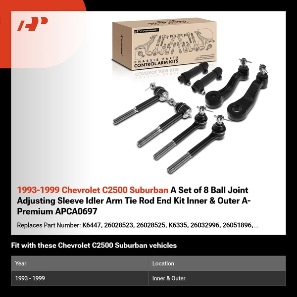 1993-1999 Chevrolet C2500 Suburban A Set of 8 Ball Joint Adjusting Sleeve Idler Arm Tie Rod End Kit Inner & Outer A-Premium APCA0697