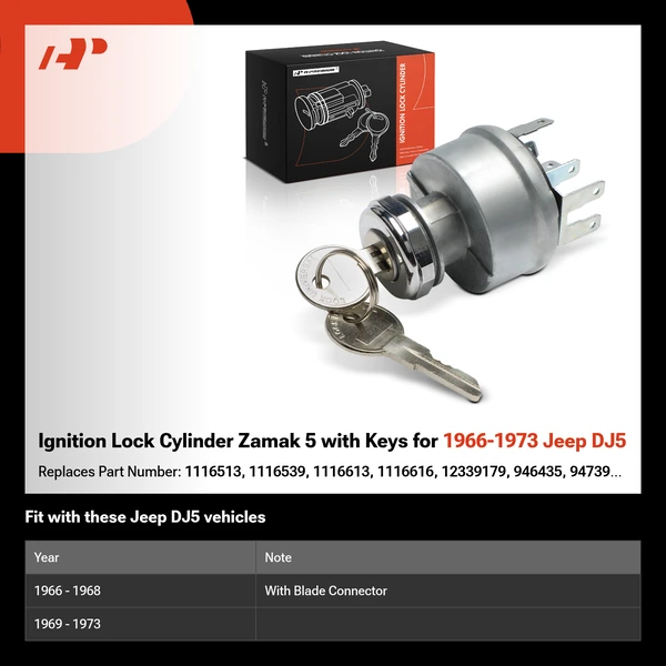 Ignition Lock Cylinder Zamak 5 with Keys for 1966-1973 Jeep DJ5
