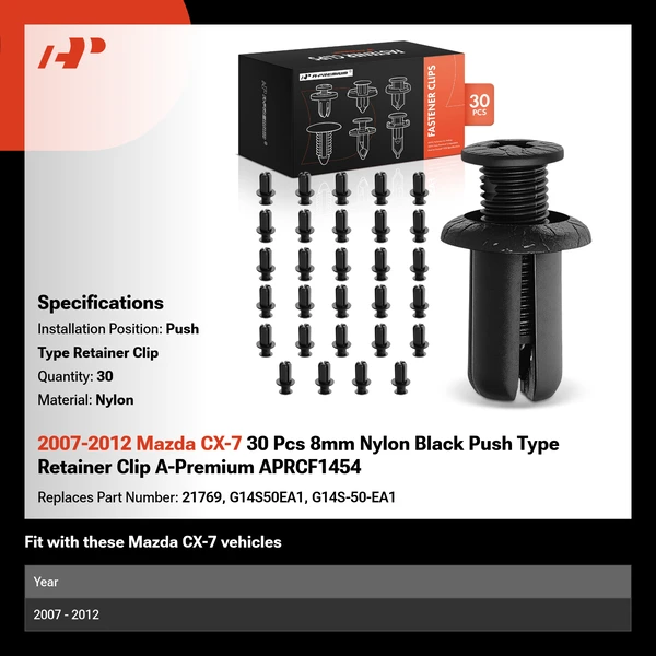 2007-2012 Mazda CX-7 30 Pcs 8mm Nylon Black Push Type Retainer Clip A-Premium APRCF1454