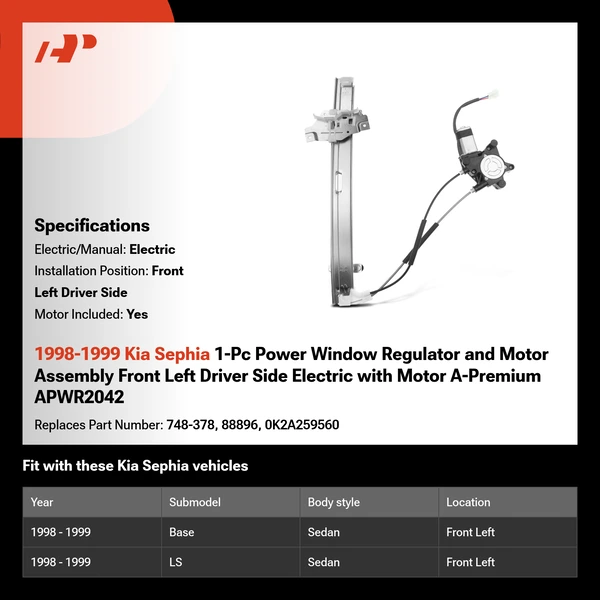 1998-1999 Kia Sephia 1-Pc Power Window Regulator and Motor Assembly Front Left Driver Side Electric with Motor A-Premium APWR2042