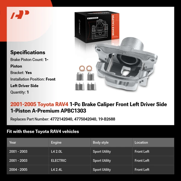 2001-2005 Toyota RAV4 1-Pc Brake Caliper Front Left Driver Side 1-Piston A-Premium APBC1303