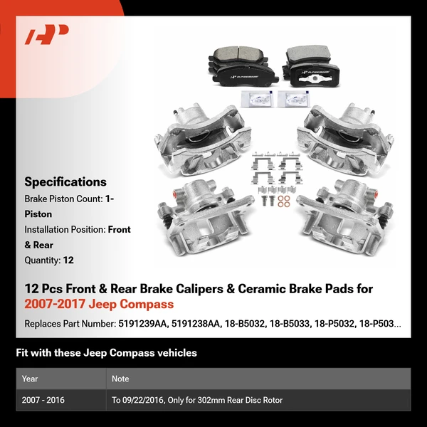 12 Pcs Front & Rear Brake Calipers & Ceramic Brake Pads for 2007-2017 Jeep Compass