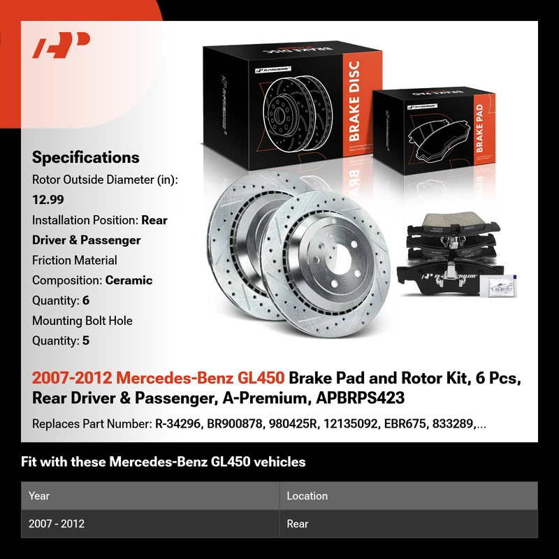 2007-2012 Mercedes-Benz GL450 Brake Pad and Rotor Kit, 6 Pcs, Rear Driver & Passenger, A-Premium, APBRPS423