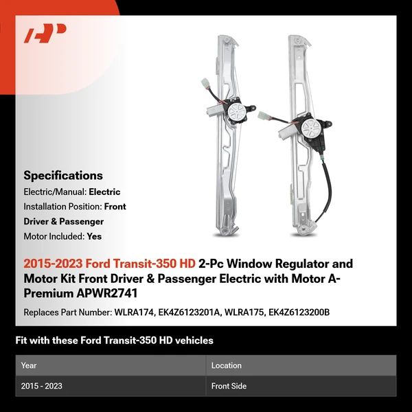 2015-2023 Ford Transit-350 HD 2-Pc Window Regulator and Motor Kit Front Driver & Passenger Electric with Motor A-Premium APWR2741