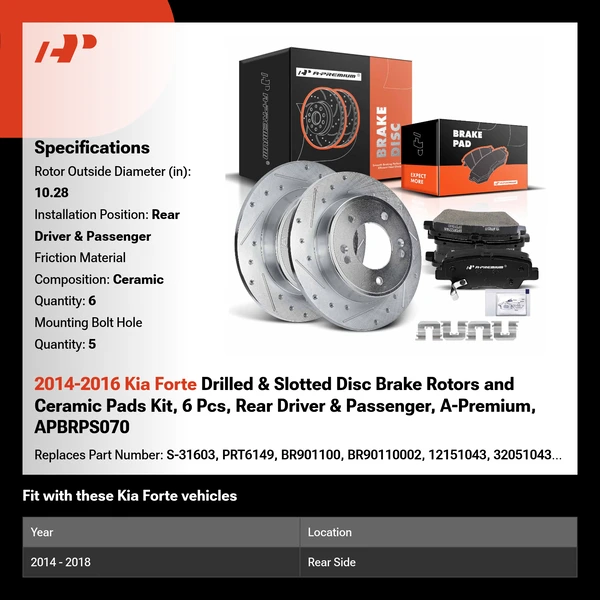 2014-2016 Kia Forte Drilled & Slotted Disc Brake Rotors and Ceramic Pads Kit, 6 Pcs, Rear Driver & Passenger, A-Premium, APBRPS070
