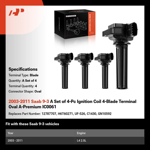 2003-2011 Saab 9-3 A Set of 4-Pc Ignition Coil 4-Blade Terminal Oval A-Premium IC0061