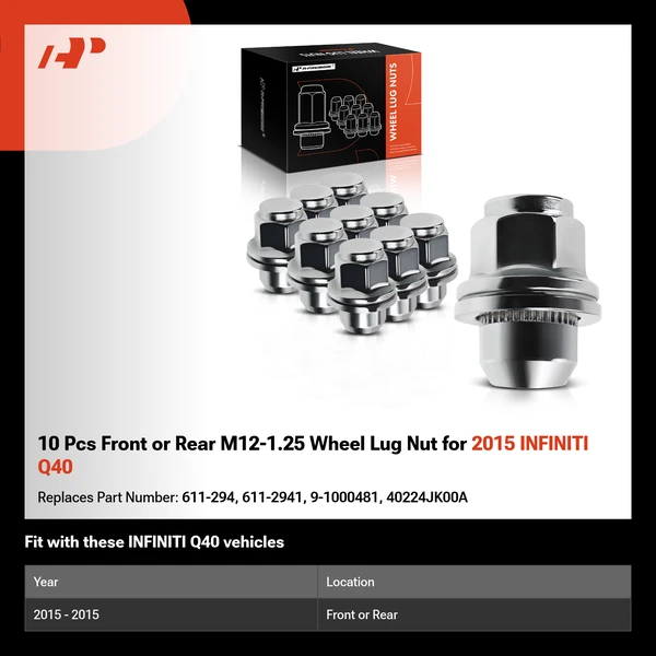 10 Pcs Front or Rear M12-1.25 Wheel Lug Nut for 2015 INFINITI Q40