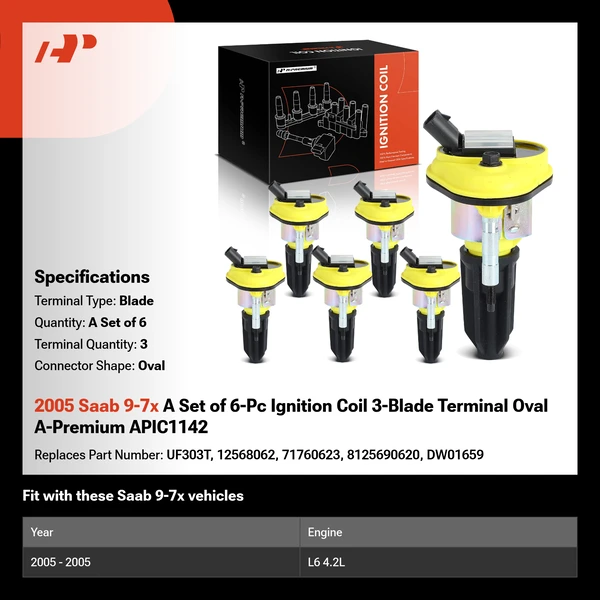 2005 Saab 9-7x A Set of 6-Pc Ignition Coil 3-Blade Terminal Oval A-Premium APIC1142